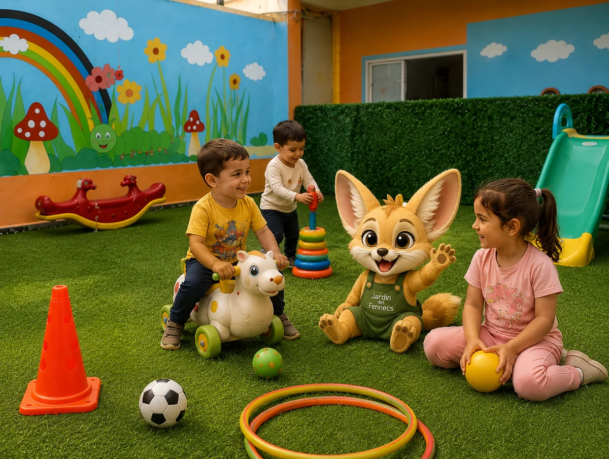 Des enfants jouent avec la mascotte du Jardin des Fennecs dans la cour