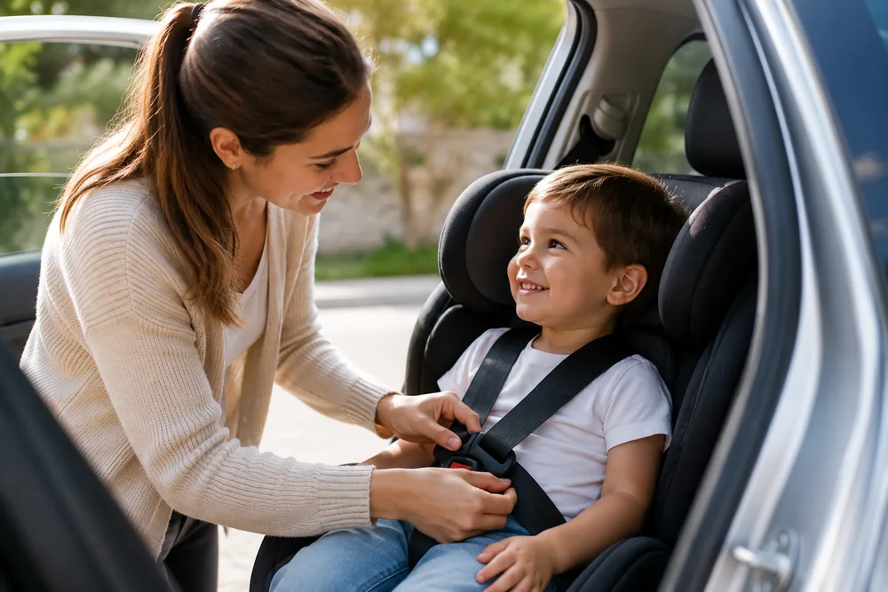 Une maman attache son enfant dans son siège auto